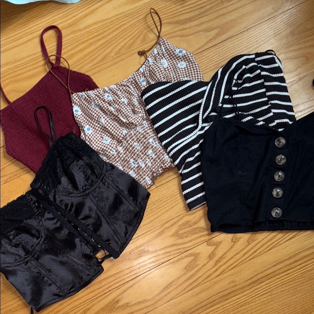 Stylish Women's Tops Collection - Black, Burgundy, Brown, and Striped